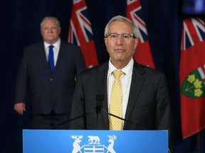 Minister of Economic Development, Job Creation and Trade Vic Fedeli speaks at the podium during the daily press briefing at Queens Park in Toronto on Tuesday, June 2, 2020.