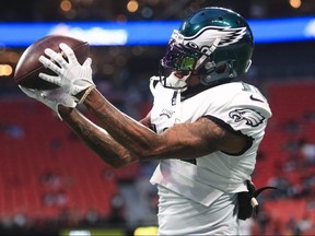 DeSean Jackson of the Philadelphia Eagles warms up prior to the start of the game against the Atlanta Falcons at Mercedes-Benz Stadium on September 15, 2019 in Atlanta.