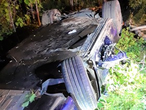 An image released by OPP of a blue sports car involved in a fatal collision in Caledon on July 2, 2020.