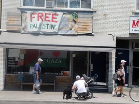 Pro-Palestine supporters were asked to arrive at High Noon "to support a human rights cause"  and to "stand up for the right against the wrong." But noon came and went -- and not even the organizer of the protest had shown up in front of Foodbenders on Bloor St. West. on Wednesday, July 8, 2020.