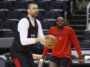 Raptors opponents could be seeing more of Marc Gasol (front) and Serge Ibaka on the floor at the same time when the NBA gets back in action.