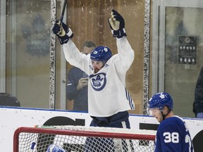 Frederik Gauthier  celebrates his goal during a team scrimmage on Wednesday,during the Maple Leafs third day of  training camp.