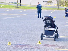 Cops at the scene of Alexander Stavropoulos' attack on a mother and her baby outside a Michaels store in Sudbury on June 3, 2019.