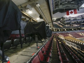 The TV camera bays are all covered up in Toronto on Thursday March 12, 2020.