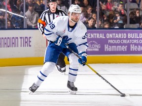 Hudson Elynuik carries the puck up the ice for the Marlies this past season.