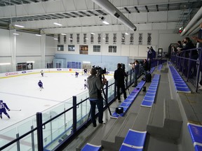 Toronto media gather during a Toronto Maple Leafs workout at the Ford Performance Centre.