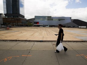A large wooden floor has been constructed near the corner of 101 Street and 104 Avenue in preparation for the start of the Stanley Cup Playoffs.   The Oilers Entertainment Group has set up the outdoor venue near Rogers Place.