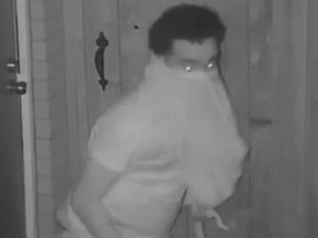 Surveillance camera footage of a suspect wanted in a Scarborough arson investigation