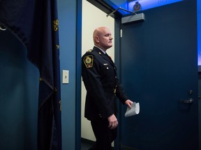 Vancouver Police Chief Adam Palmer arrives for a news conference in Vancouver, B.C., on Wednesday Nov. 8, 2017. Canada's police chiefs are calling for decriminalization of personal possession of illicit drugs as the best way to battle substance abuse and addiction.
