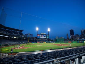 A general view of the field at PNC Park in Pittsburgh during the seventh inning of an exhibition game between the Pirates and the Cleveland Indians on July 18, 2020.