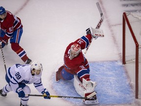 Maple Leafs rookie winger Nick Robertson just misses with a backhand against Montreal Canadiens goaltender Carey Price during exhibition play on Tuesday night at Scotiabank Arena.
