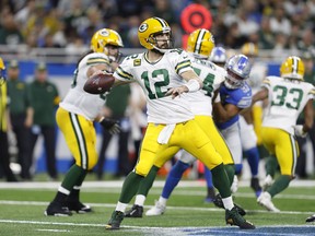 Green Bay Packers quarterback Aaron Rodgers passes the ball during a game against the Detroit Lions in late December.