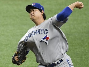 Jays pitcher Hyun-Jin Ryu throws against the Tampa Bay Rays on opening day at Tropicana Field last night. Getty images