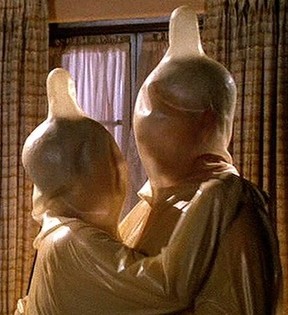 A scene from the hit film The Naked Gun shows actors enjoying sex while wearing full body condoms