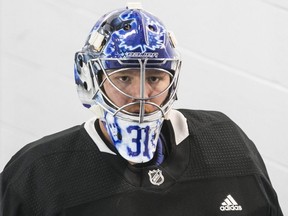 Toronto Maple Leafs goaltender Frederik Andersen gets ready to take to the ice during the team's summer camp in Toronto on July 14, 2020.