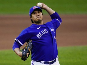Toronto Blue Jays pitcher Hyun-Jin Ryu  pitches during an intrasquad game at Rogers Centre on July 18, 2020.