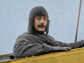 Count Jacques de Lesseps seated in the cockpit of his Blériot monoplane, the same one he flew across the English Channel.