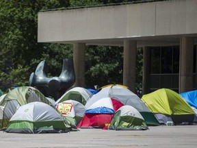 An encampment of tents at Nathan Phillips Square in front of City Hall in Toronto, Ont. on June 30, 2020.