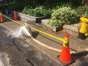 Crews purge water from a hydrant on July 8, 2020. Residents in the Leslieville area have complained about cloudy tapwater.