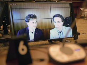 Marc, left, and Craig Kielburger appear as witnesses via videoconference during a House of Commons finance committee in the Wellington Building in Ottawa on Tuesday.