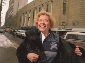 Yolanda Ballard, companion of late Maple Leaf Gardens' owner Harold Ballard, shows off her Memories and Dreams commemorative shirt outside the arena in January 1999.