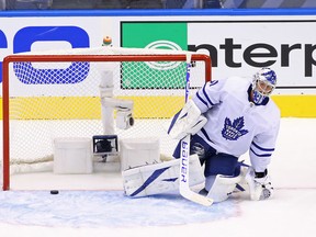 Leafs goalie Frederik Andersen reacts after allowing the game-winning goal in overtime against the Columbus Blue Jackets on Thursday.