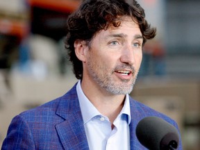 Prime Minister Justin Trudeau speaks at Brockville's 3M tape plant on Friday afternoon to announce a $70-million expansion allowing the Ontario site to manufacture N95 masks.