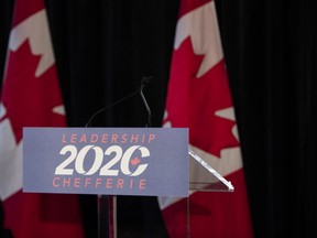 The lectern where the new leader of the Conservative Party of Canada will take questions from reporters is seen in Ottawa, before the announcement of the party's new leader, on Sunday, Aug. 23, 2020.