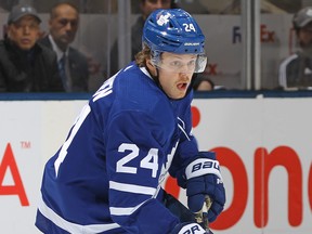 Kasperi Kapanen #24 of the Toronto Maple Leafs turns with the puck against the Anaheim Ducks during an NHL game at Scotiabank Arena on February 7, 2020 in Toronto.