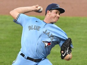 Nate Pearson of the Toronto Blue Jays pitches in the first inning during a baseball game against the Baltimore Orioles at Oriole Park at Camden Yards on August 18, 2020 in Baltimore, Maryland.