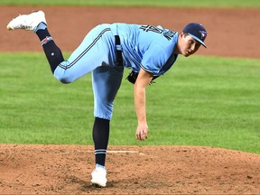 Nate Pearson of the Toronto Blue Jays pitches in the third inning during a baseball game against the Baltimore Orioles at Oriole Park at Camden Yards on Aug. 18, 2020 in Baltimore, Md.