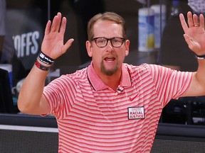 Nick Nurse of the Toronto Raptors reacts against the Brooklyn Nets during the first quarter in Game One of the Eastern Conference First Round during the NBA Playoffs at AdventHealth Arena at ESPN Wide World Of Sports Complex on Monday.