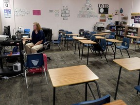 Dana Dyer teaches an online seventh grade algebra class from her empty classroom at Walter Johnson Junior High School on the first day of distance learning for the Clark County School District amid the spread of the coronavirus (COVID-19) on August 24, 2020 in Las Vegas, Nevada.