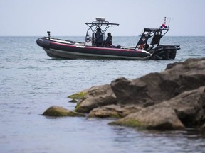 Toronto Police Marine Unit boat off the shore at Bluffer's Park on Aug. 16, 2020.