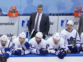 Leafs head coach Sheldon Keefe looks on from the bench against the Columbus Blue Jackets.