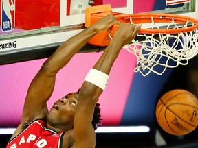 Raptors forward OG Anunoby makes a reverse dunk against the Brooklyn Nets during Game 3 on Friday,