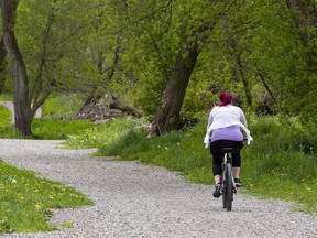 A cyclist rides along the trail in Gilkison Flats adjacent to the Grand River in Brantford on Friday May 22, 2020.