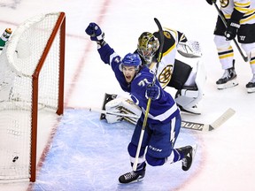 Tampa Bay Lightning forward Anthony Cirelli celebrates after scoring on Boston Bruins goalie Jaroslav Halak during the third period of Game 5 of the Eastern Conference second-round series at Scotiabank Arena last night. Tampa Bay won in overtime to eliminate Boston from the playoffs.