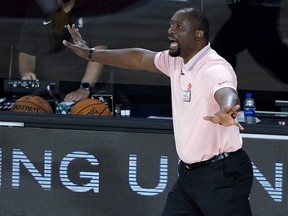 Assistant coach Adrian Griffin of the Toronto Raptors reacts during first-half action against the Philadelphia 76ers at The Field House at ESPN Wide World Of Sports Complex on August 12, 2020 in Lake Buena Vista, Florida.