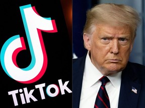 In this file combination of pictures created on August 01, 2020 shows the logo of the social media video sharing app Tiktok displayed on a tablet screen in Paris, and US President Donald Trump at the White House in Washington, DC, on July 30, 2020.