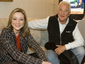 Belinda Stronach watches election results come in with her father, Frank, in Aurora.