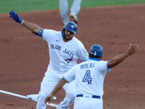 Toronto Blue Jays first baseman Rowdy Tellez (44) celebrates his home run against the Tampa Bay Rays at Sahlen Field.