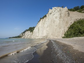 The aftermath of a landslide is seen at the base of the Scarborough Bluffs in Toronto, Ont.  on Monday August 24, 2020.