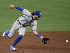 Bo Bichette of the Toronto Blue Jays fields a ground ball at Tropicana Field on July 24, 2020 in St Petersburg, Florida.