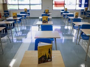 A classroom with social distancing measures in place is seen at St. Thomas of Villanova Catholic High School, as schools prepare to return in September Thursday, August 6, 2020.