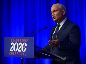 Newly elected Conservative Leader Erin O'Toole delivers his winning speech following the Conservative party of Canada 2020 Leadership Election in Ottawa on Monday, Aug. 24, 2020.