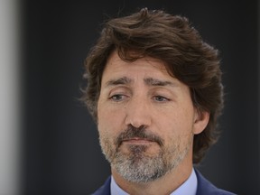 Prime Minister Justin Trudeau holds a press conference at Rideau Cottage amid the COVID-19 pandemic in Ottawa on Monday, July 13, 2020.