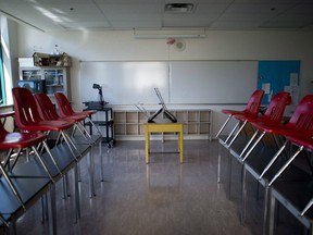 A empty classroom is pictured at McGee Secondary school in Vancouver, Friday, Sept. 5, 2014.