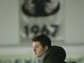 Toronto Maple Leafs general manager Kyle Dubas attends a team workout on Feb. 19, 2020.