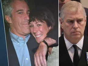 „Batman und Robin“.  Jeffrey Epstein, von links, Ghislaine Maxwell und Prinz Andrew sind auf Aktenfotos abgebildet.